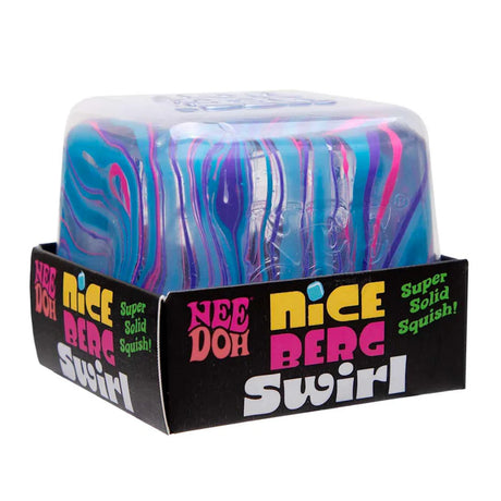 NeeDoh Niceberg Swirl stress toy in packaging, featuring a blue, purple, and pink marbled cube with a solid squish.