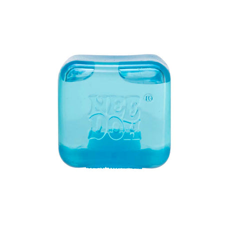 A translucent blue, cube-shaped NeeDoh stress toy on a white background.
