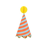 Blue and orange striped Meri Meri party hat with yellow honeycomb pom-pom and gold scalloped trim on white background.