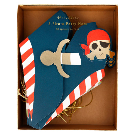 A box of Meri Meri pirate party hats featuring a skull with a red bandana and striped details.