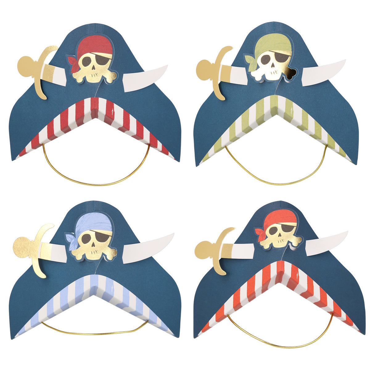 Four blue paper pirate hats with skull and crossbones designs and elastic straps.