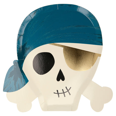 A pirate skull-shaped paper plate wearing a blue bandana and a gold eye patch.