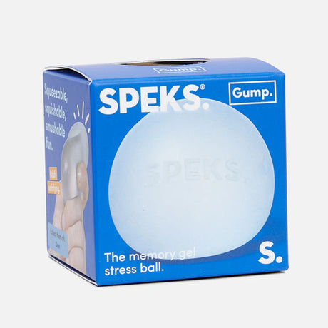 Blue packaging for a Speks Gump memory gel stress ball in light blue.