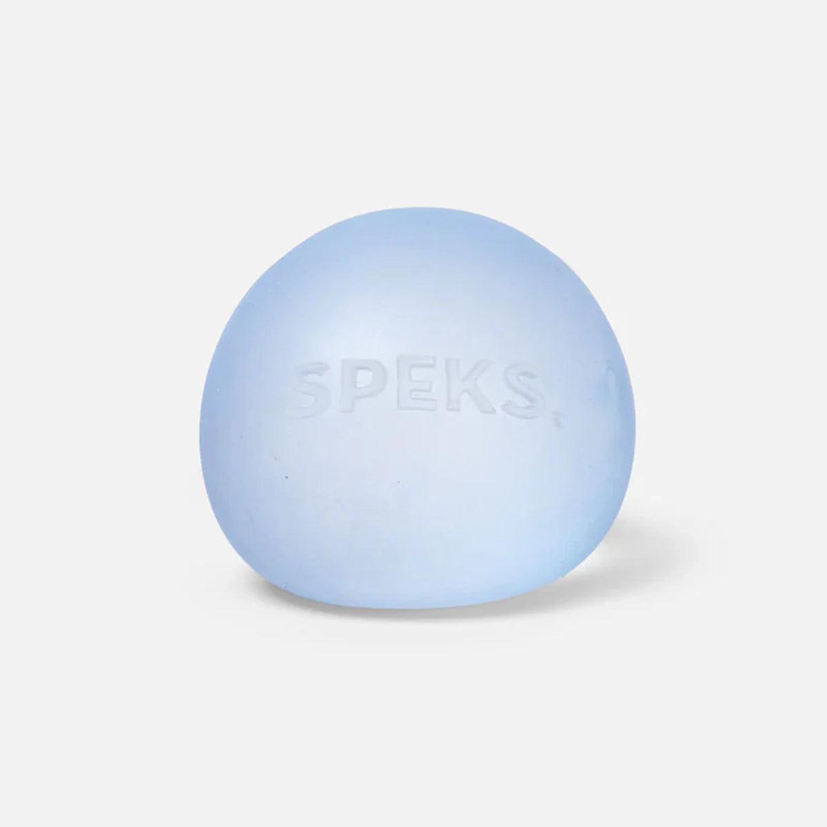 Smooth light blue Speks stress ball with embossed lettering on a plain white background.