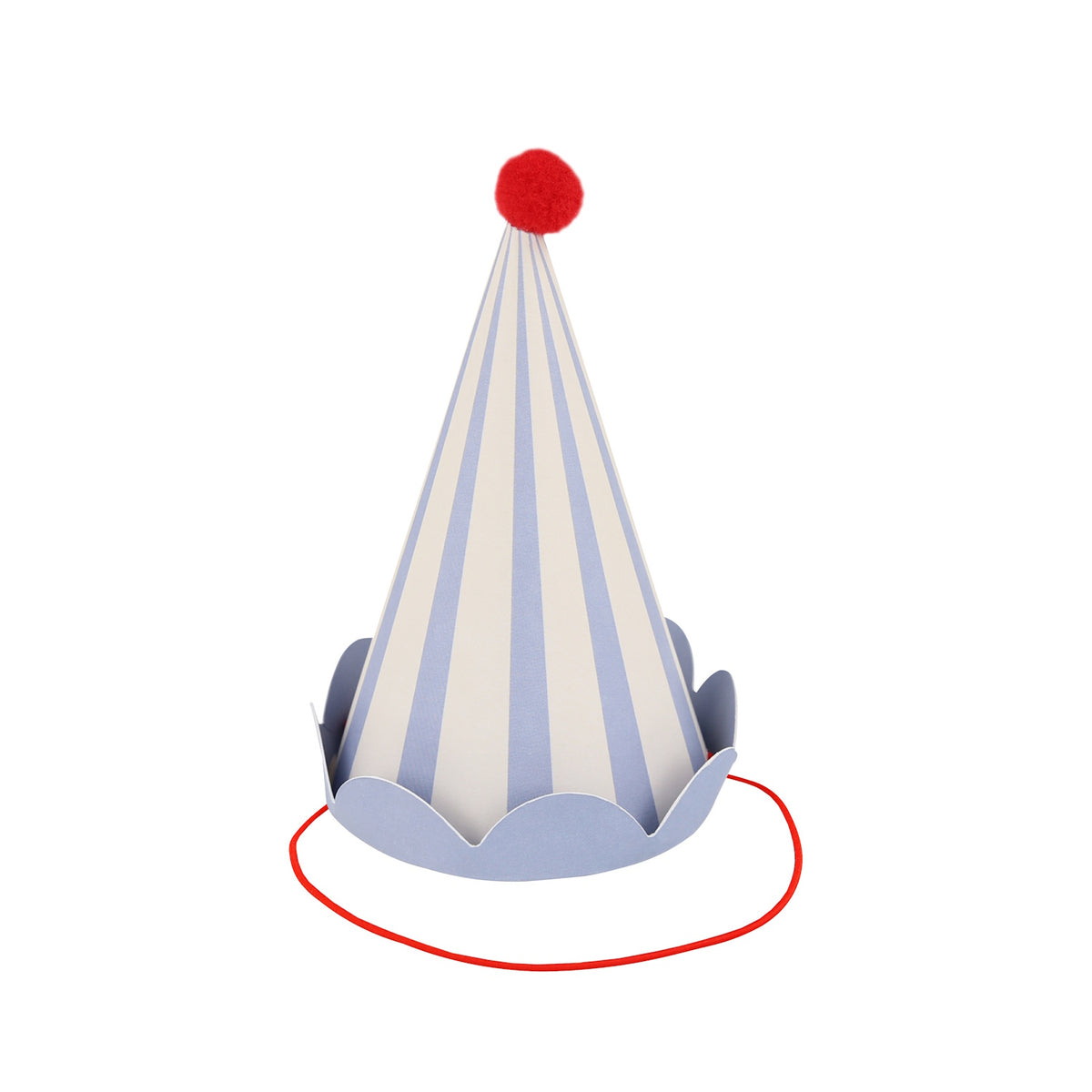 A blue and white striped cone party hat with a red pom-pom on top and a red elastic strap.