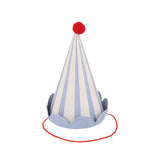 A blue and white striped cone party hat with a red pom-pom on top and a red elastic strap.