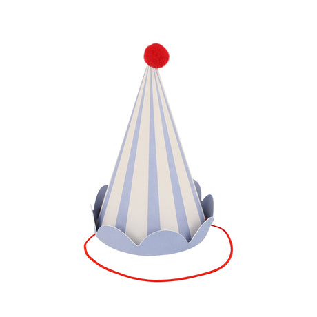 A blue and white striped cone party hat with a red pom-pom on top and a red elastic strap.