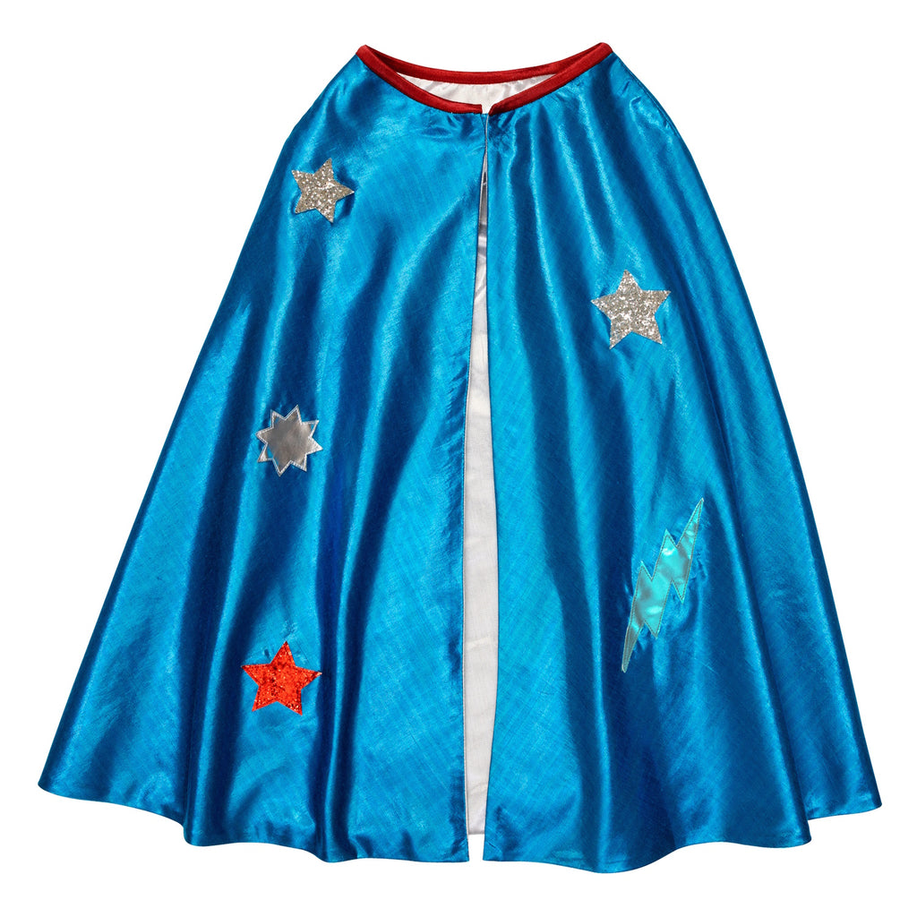 A costume set featuring a shiny blue cape with lightning bolt detail and matching accessories, perfect for imaginative superhero play.