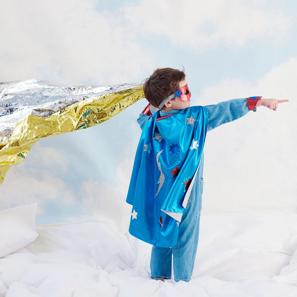 A costume set featuring a shiny blue cape with lightning bolt detail and matching accessories, perfect for imaginative superhero play.