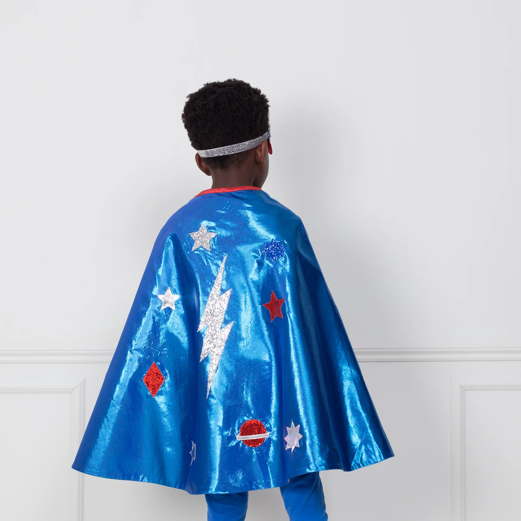 A costume set featuring a shiny blue cape with lightning bolt detail and matching accessories, perfect for imaginative superhero play.