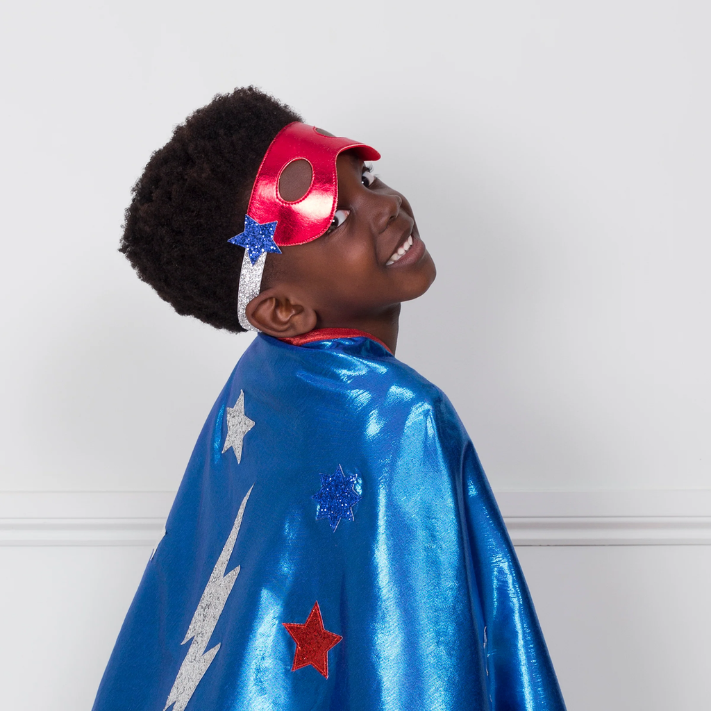 A costume set featuring a shiny blue cape with lightning bolt detail and matching accessories, perfect for imaginative superhero play.