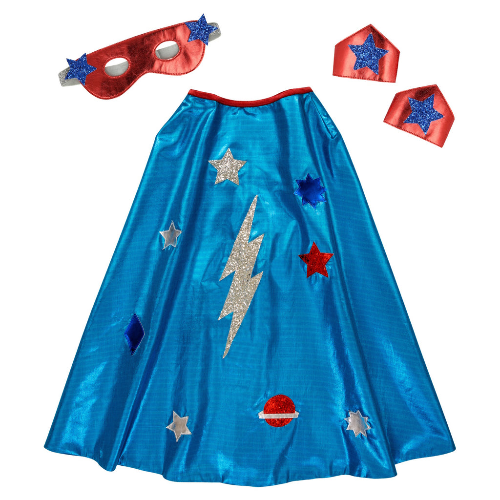 A costume set featuring a shiny blue cape with lightning bolt detail and matching accessories, perfect for imaginative superhero play.