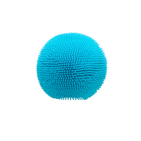 A bright blue, spiky rubber sensory ball isolated on a plain white background.