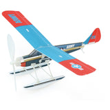 Blue and red Army balsa wood seaplane glider toy with propeller and floats on a white background.