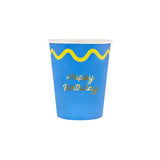 Blue paper cup with a yellow wavy line and "Happy Birthday" in gold script font.