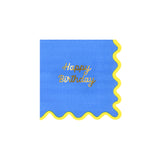 Blue napkin with wavy yellow edges and "Happy Birthday" written in gold script font.