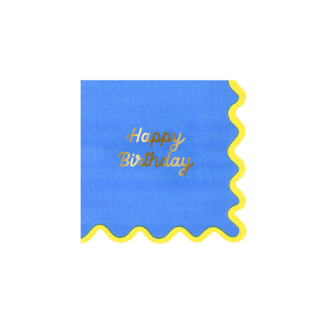 Blue napkin with wavy yellow edges and "Happy Birthday" written in gold script font.