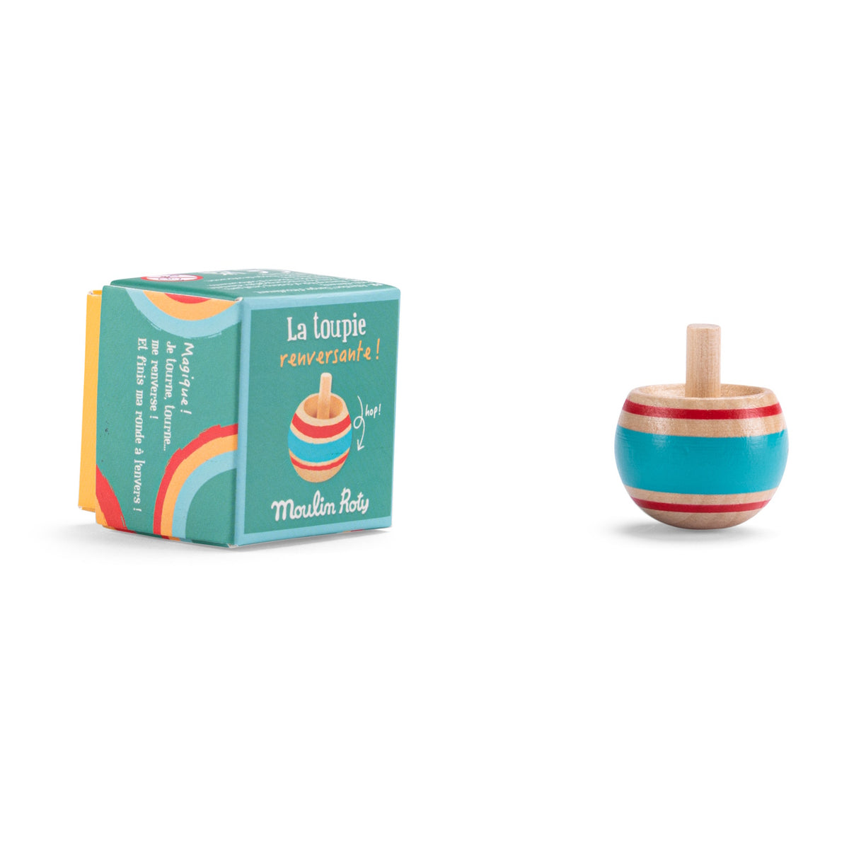 Moulin Roty blue wooden spinning top with red stripes next to its illustrated green packaging box.