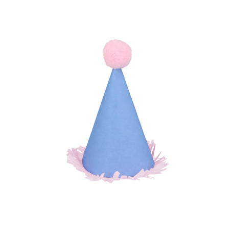 Blue mini party hat with a pink pom-pom and fringe trim on a white background.