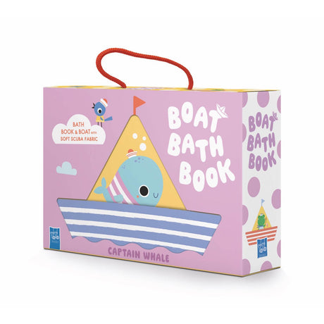 Pink Boat Bath Book: Captain Whale box set with a blue whale illustration in a sailboat window.