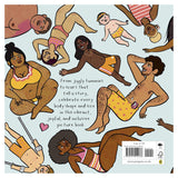 Inclusive illustration of diverse people in swimwear, celebrating body positivity, scars, and different abilities.