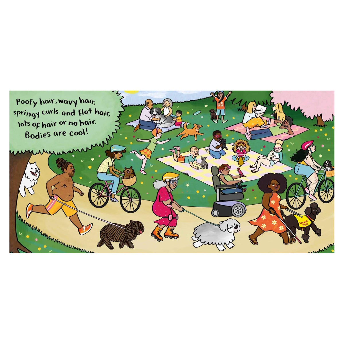 Children's book illustration of a diverse park scene celebrating body positivity and different hair types.