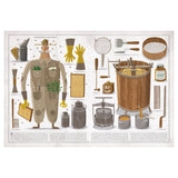 Illustration of a beekeeper's equipment featuring a beekeeper in protective gear, honey jars, a smoker, gloves, tools, and a honey extractor, all labeled.