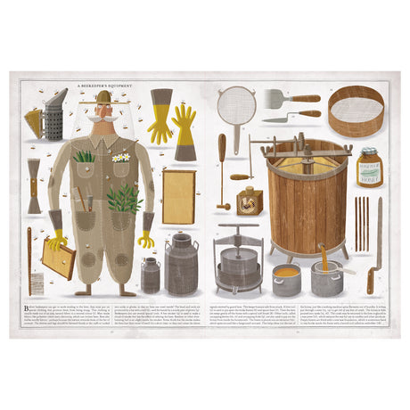 Illustration of a beekeeper's equipment featuring a beekeeper in protective gear, honey jars, a smoker, gloves, tools, and a honey extractor, all labeled.