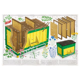 Illustration of a beehive, with labels and parts like honeycomb panels and flowers around it. Bees are flying, indicating a lively and buzzing atmosphere.