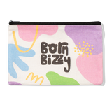 Canvas pouch with a black zipper featuring the text "born bizzy" surrounded by colorful abstract shapes.