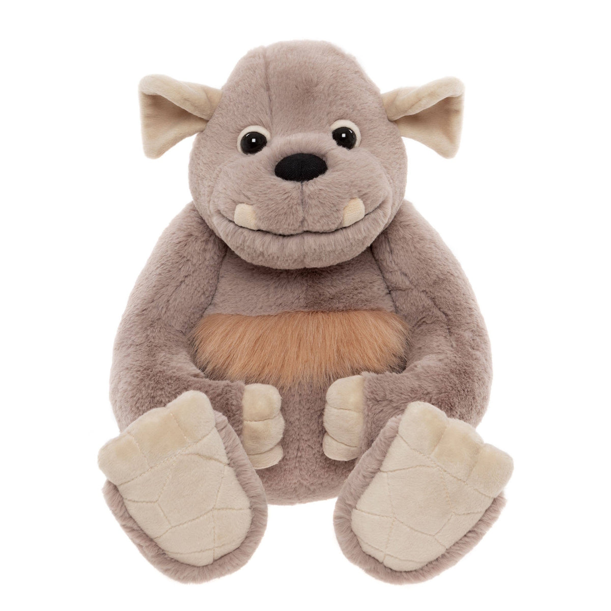 Front view of a soft grey plush monster toy sitting facing forward with fluffy brown fur on its belly.