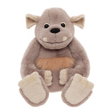 Front view of a soft grey plush monster toy sitting facing forward with fluffy brown fur on its belly.