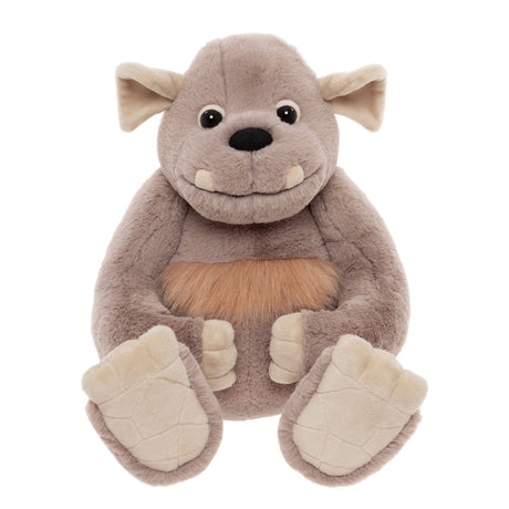 Front view of a soft grey plush monster toy sitting facing forward with fluffy brown fur on its belly.