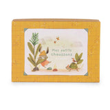 Yellow patterned gift box featuring an illustration of a rabbit and turtle with the French text "Mes petits chaussons."