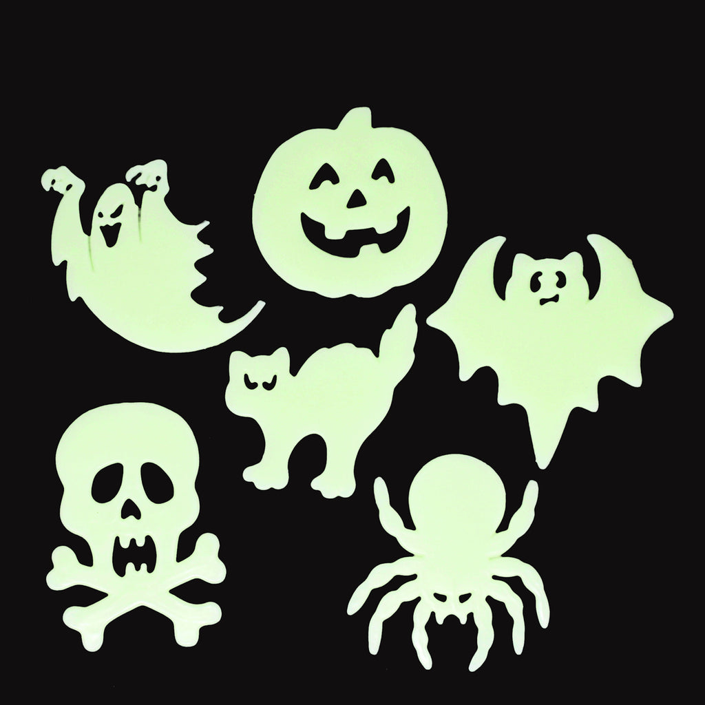 Glowing Halloween shapes on black: ghost, jack-o'-lantern, bat, skull with crossbones, scared cat, and spider, creating a spooky atmosphere.