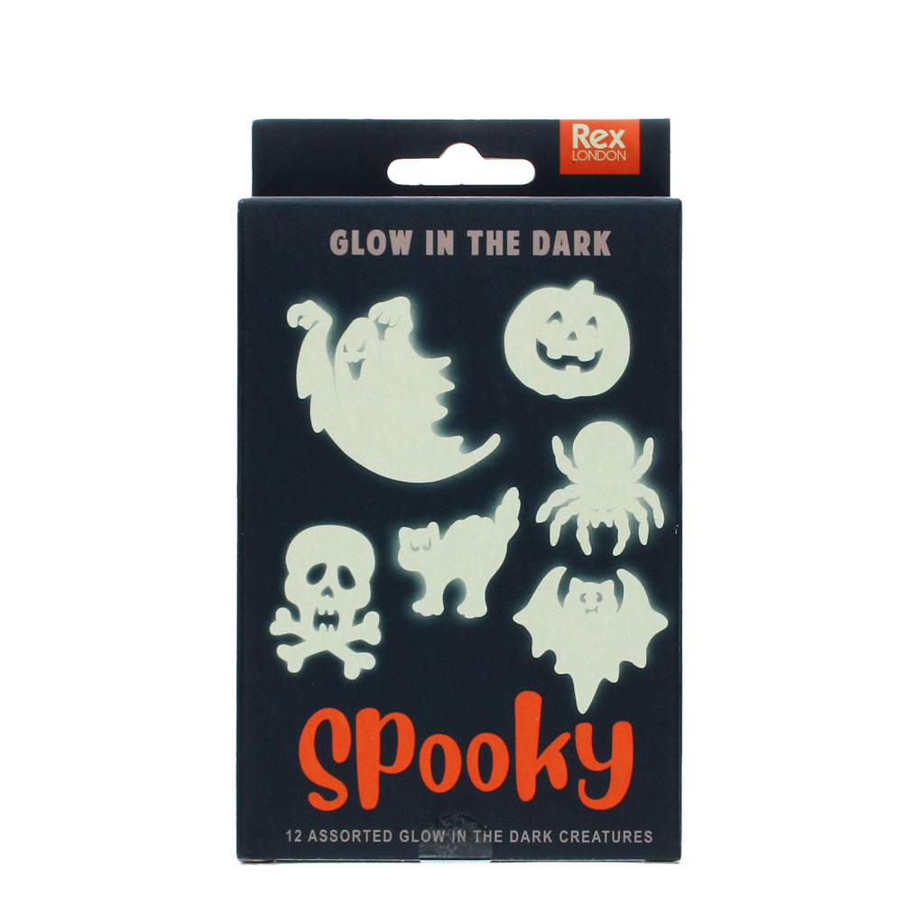A box of glow-in-the-dark decorations labeled "Spooky," featuring shapes of a ghost, pumpkin, spider, skull, cat, and bat against a dark background.