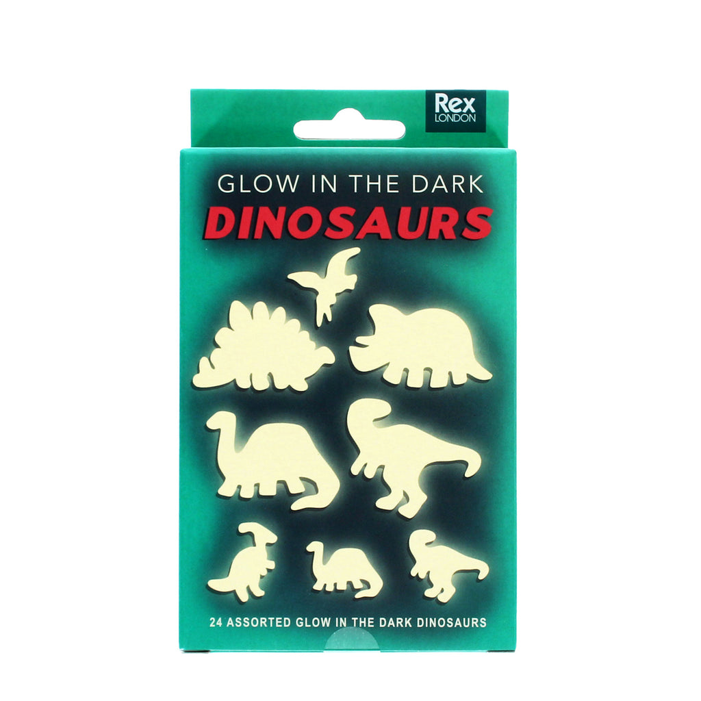 Box of glow-in-the-dark dinosaur shapes on a green background. Features various dinosaur silhouettes, and bold text reads “DINOSAURS.” Playful and fun theme.
