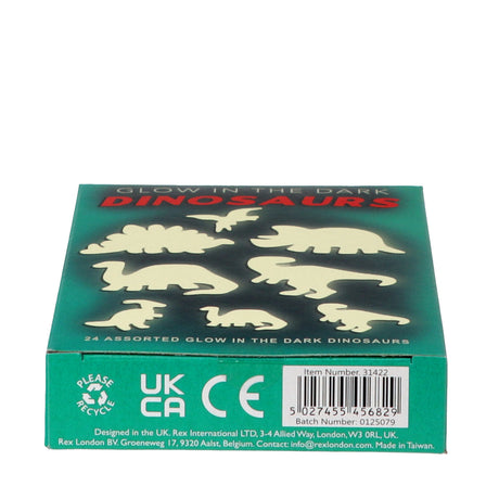 Green box of 24 assorted glow in the dark stick on dinosaur shapes by Rex London.