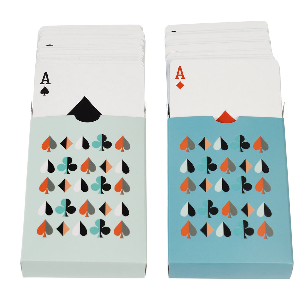 A set of two vibrant playing card decks stored in a decorative box, perfect for card games or collecting.