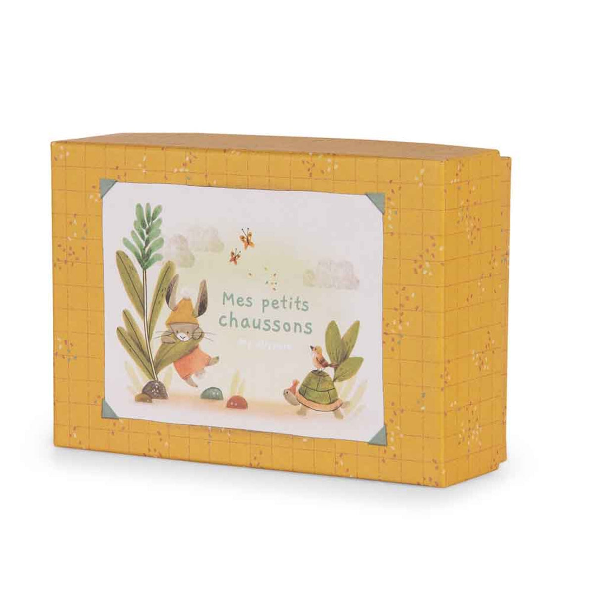 Angled view of a yellow gift box with an illustration of a rabbit and turtle and the text "Mes petits chaussons."