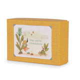 Angled view of a yellow gift box with an illustration of a rabbit and turtle and the text "Mes petits chaussons."