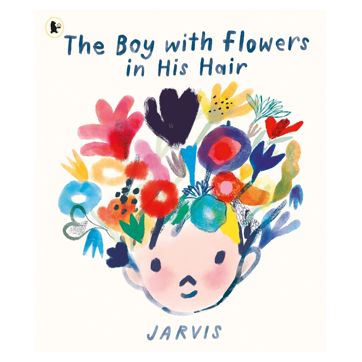 Book cover for The Boy with Flowers in His Hair by Jarvis, featuring a colorful floral illustration on a white background.