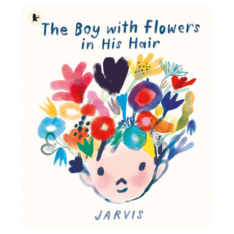 Book cover for The Boy with Flowers in His Hair by Jarvis, featuring a colorful floral illustration on a white background.