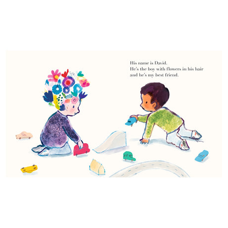Illustration of two children playing with toy cars; one boy has colorful flowers growing from his hair.