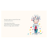 Illustration of a boy with twig-like hair and falling colorful petals, from "The Boy with Flowers in His Hair" book.