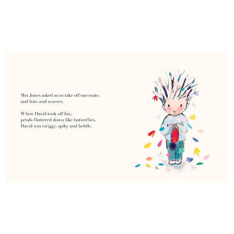 Illustration of a boy with twig-like hair and falling colorful petals, from "The Boy with Flowers in His Hair" book.