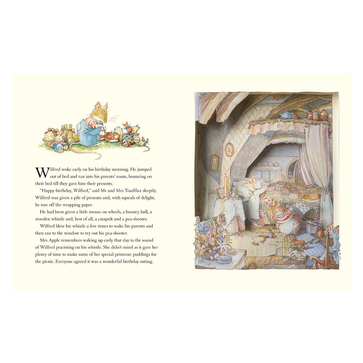 An open children's pop-up book showing a story about a mouse's birthday, featuring delicate illustrations.