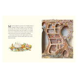A pop-up book page showing text and a feast on the left, and a detailed cross-section of a treehouse on the right.