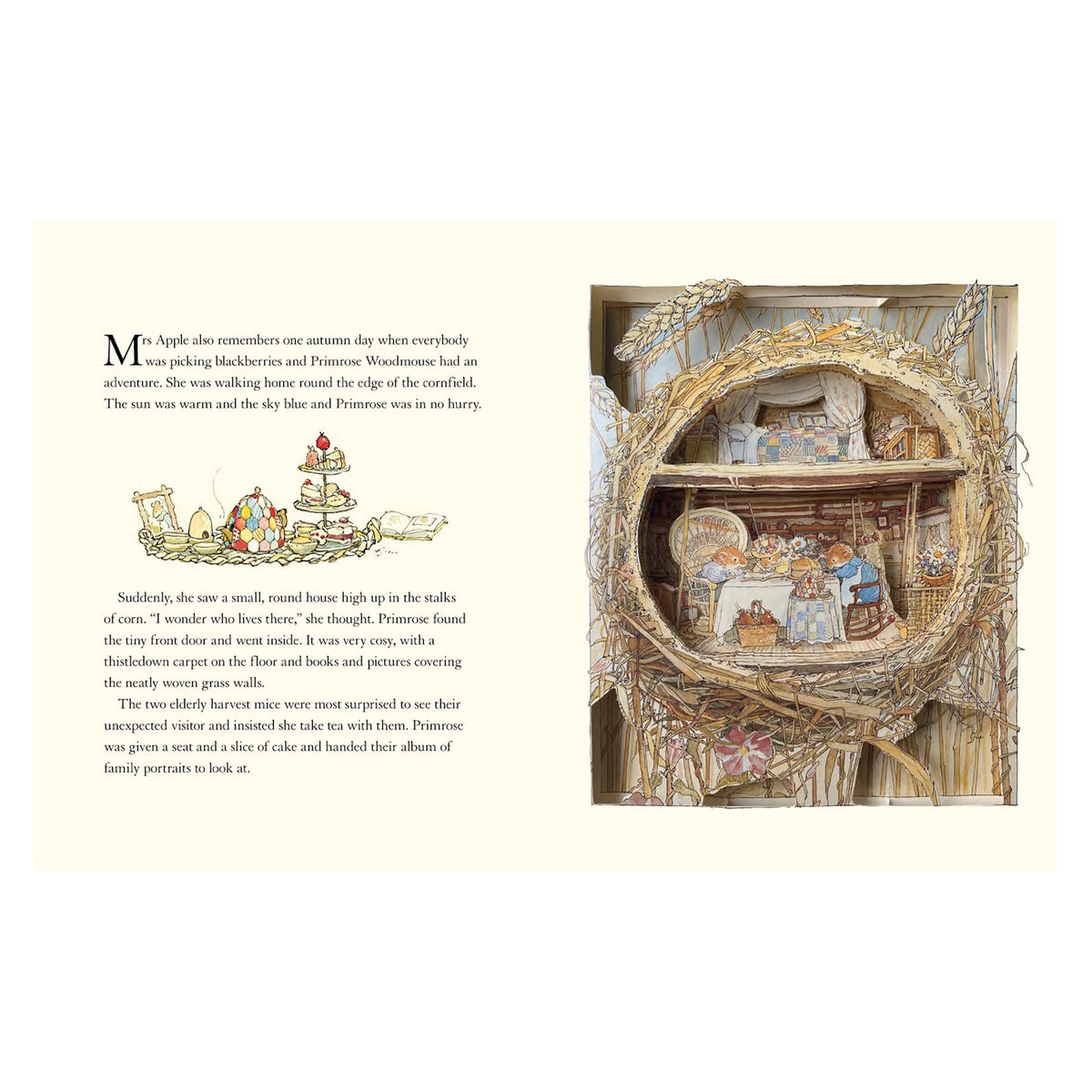 An open pop-up children's book showing text on the left and a detailed 3D harvest mouse home on the right.