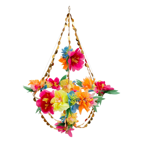 A hanging floral party chandelier decorated with vibrant tissue paper flowers and gold foil accents.